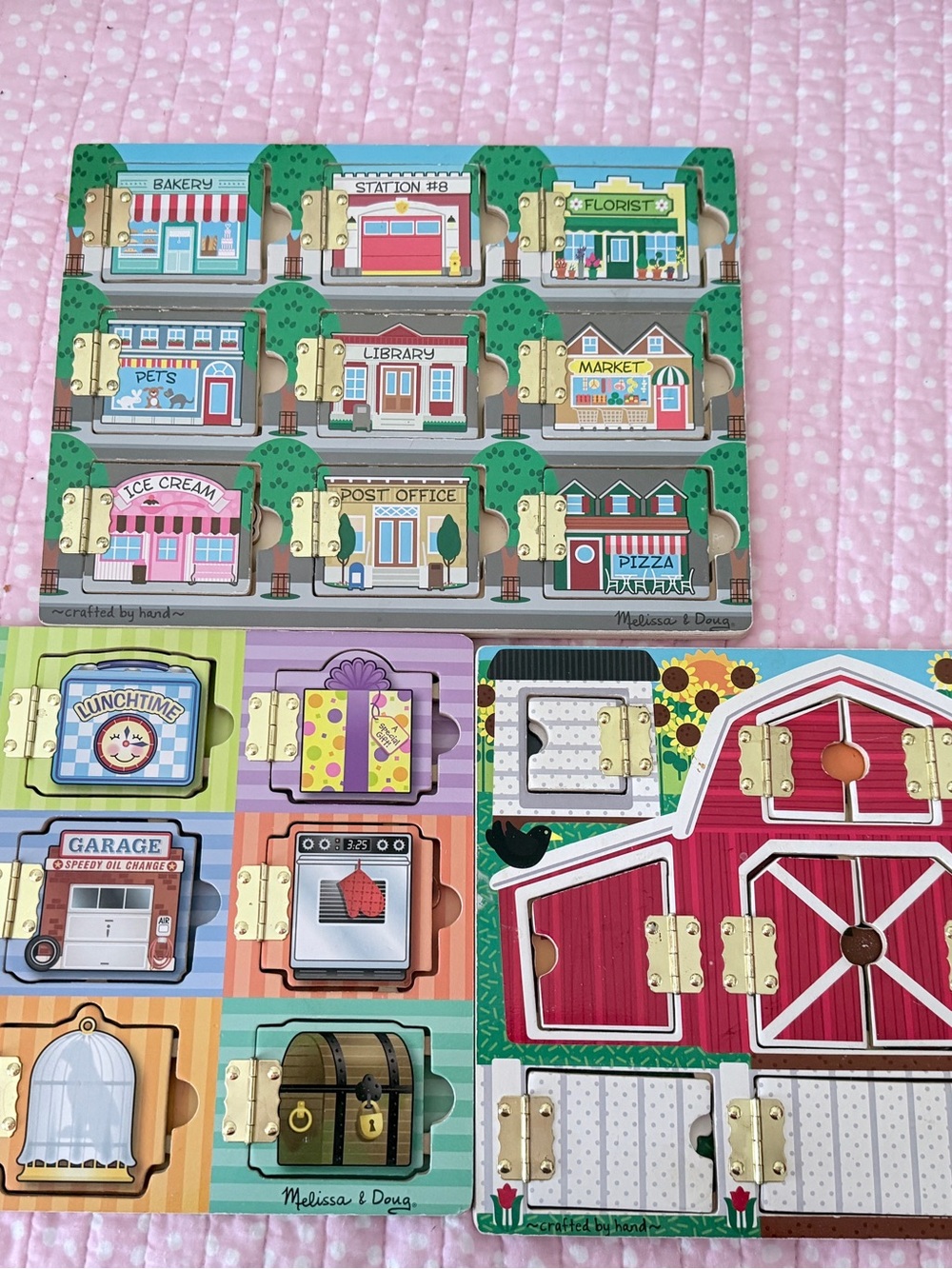 Melissa & Doug Colorful Town & Farm Latch Puzzle Set - Pink, Green, Red, Blue
